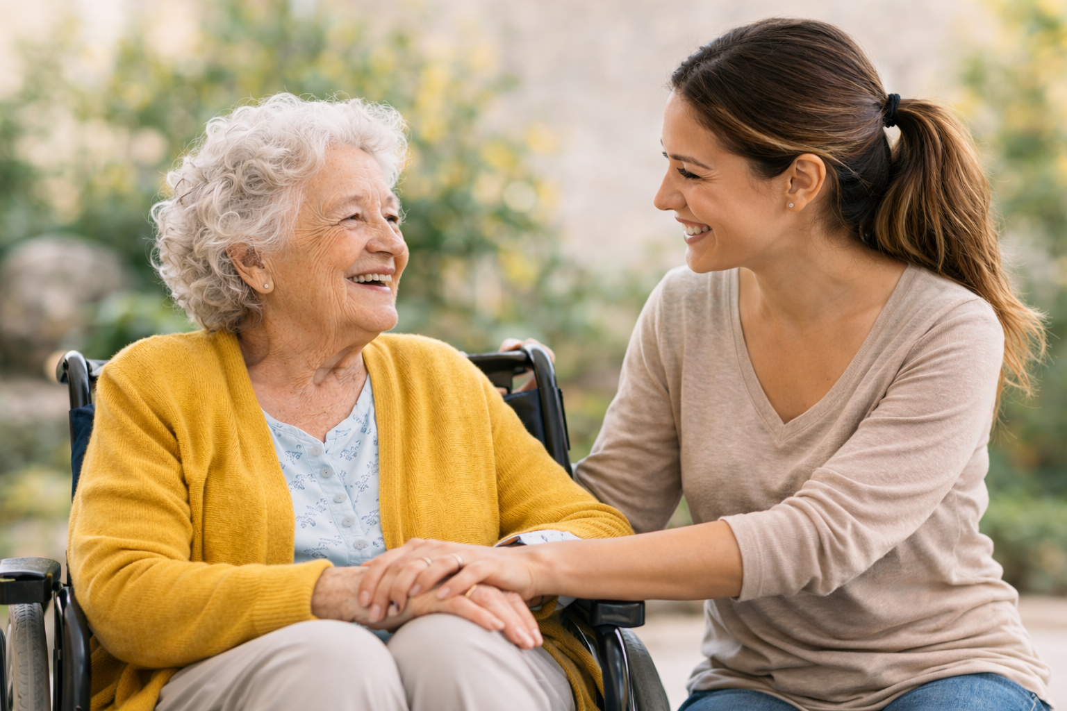 Smiling older woman receiving caring support